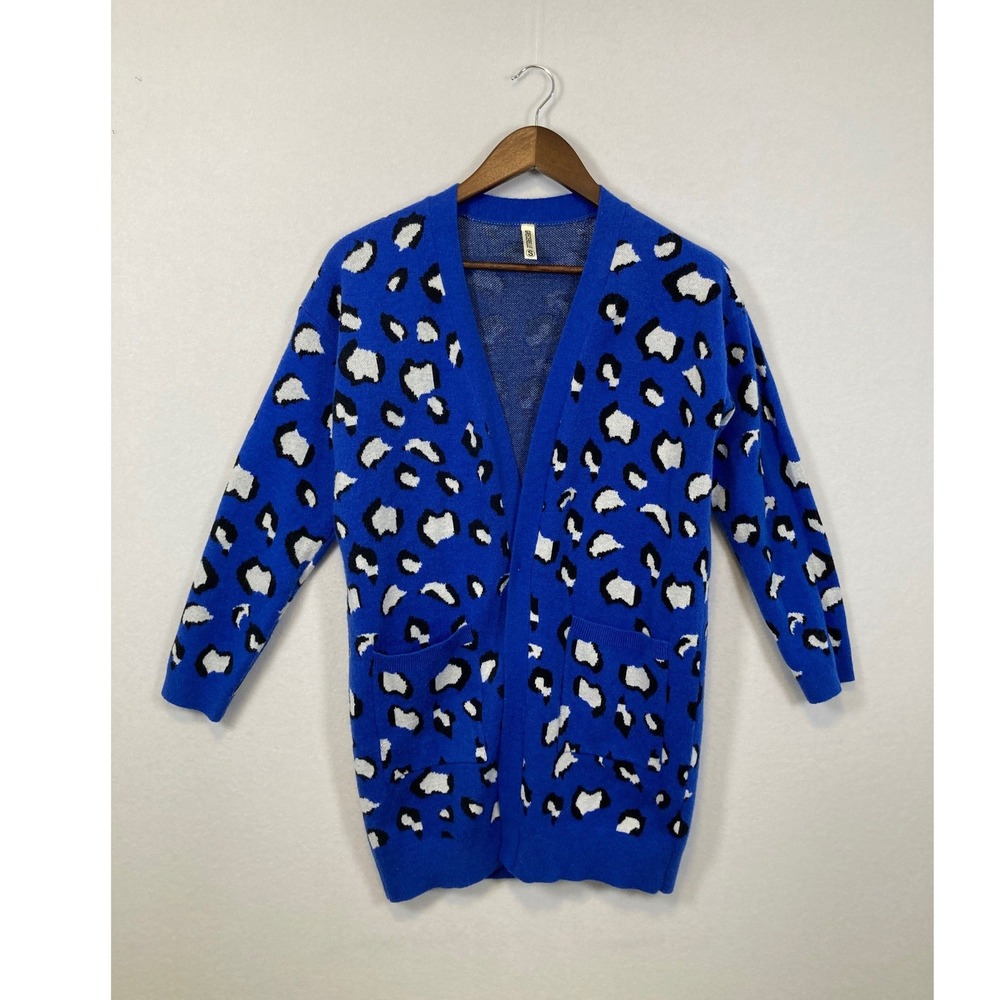 GRECELLLE Blue Leopard Print Open Front Cardigan Sweater Women Size S